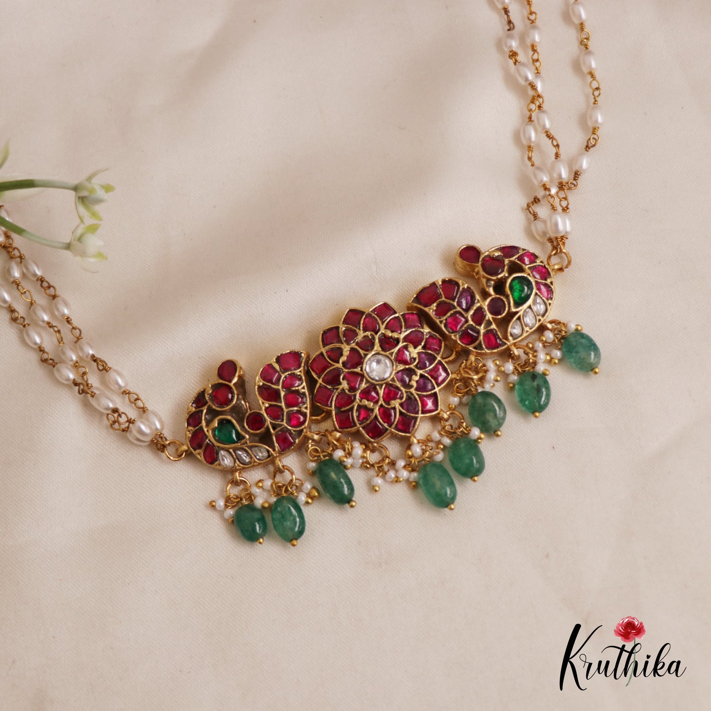 Gorgeous Peacock Floral Motifs Jadau Choker With Triple Strand Pearl Chain NC2582