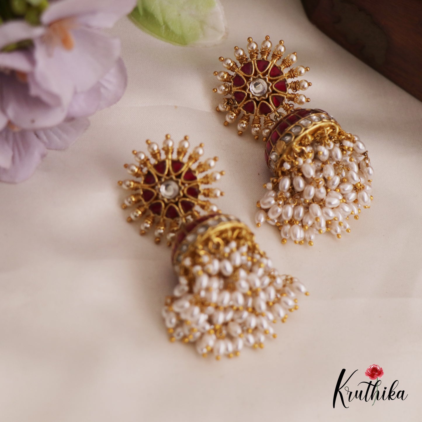 Gorgeous Floral Motifs Kemp Jhumka With Pearl Drops E971