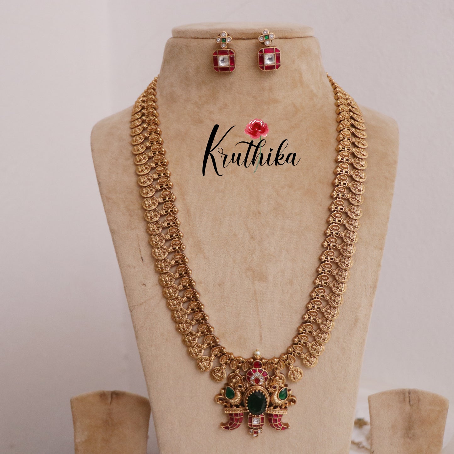 Beautiful Jadau Lakshmi Coin Haaram with Peacock Puligoru Pendant LH1955