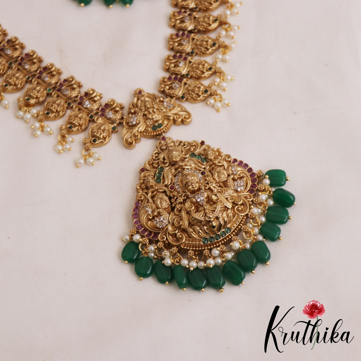 Gorgeous Antique Nagas Lakshmi Mango Motifs Temple Necklace With Green Bead Drops NC2891