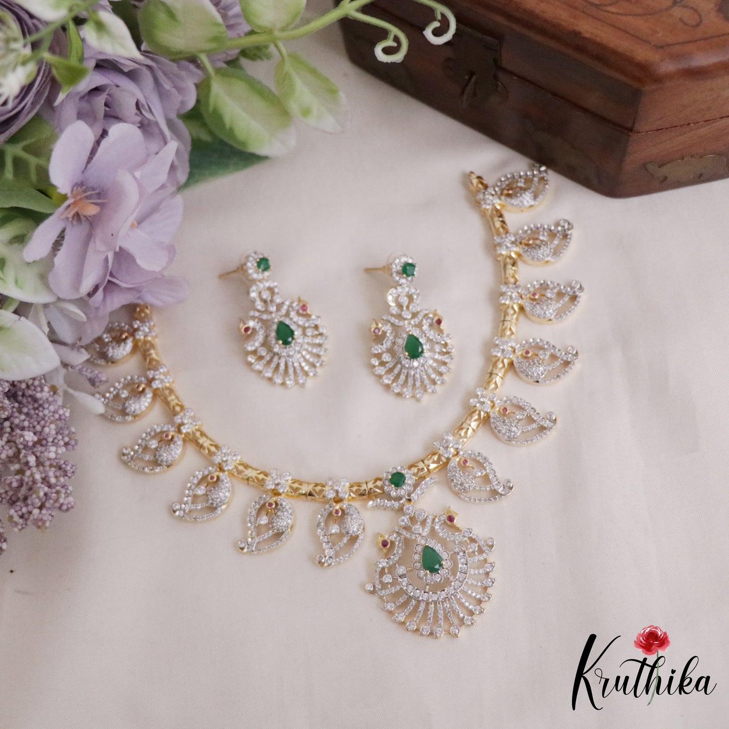 Beautiful CZ Sparkling Mango and Peacock Pendant Necklace NC2218