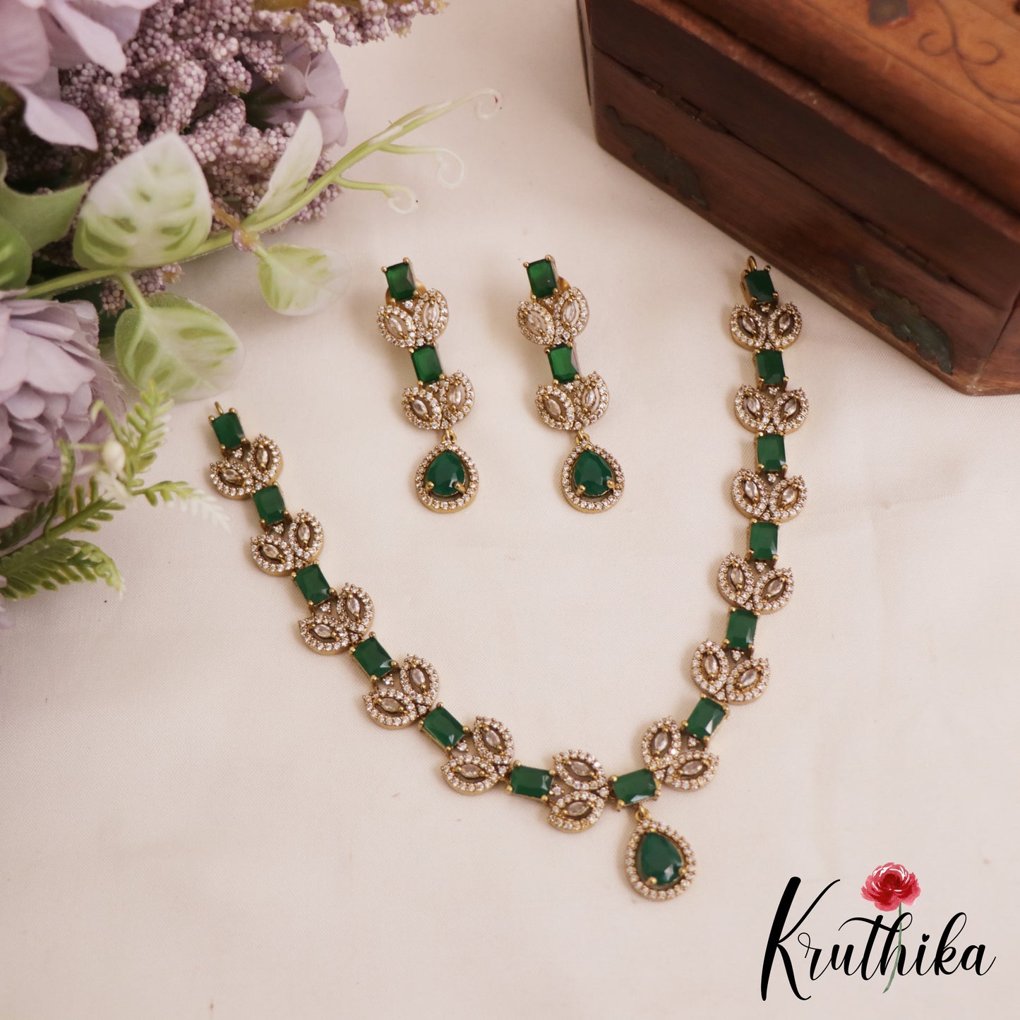 Sparkling Square Leaf Motifs AD Victorian Necklace NC2839 (Available In 3 Color)