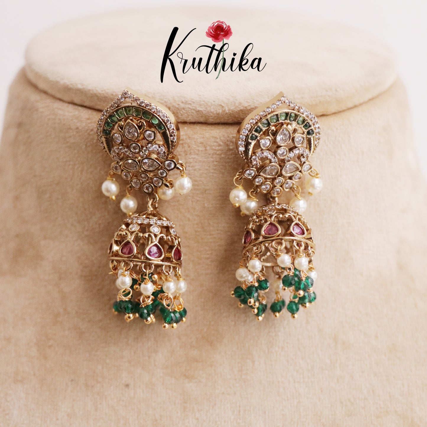 Beautiful Polki Style Kemp Stone Jhumkas with Emerald Drops E635