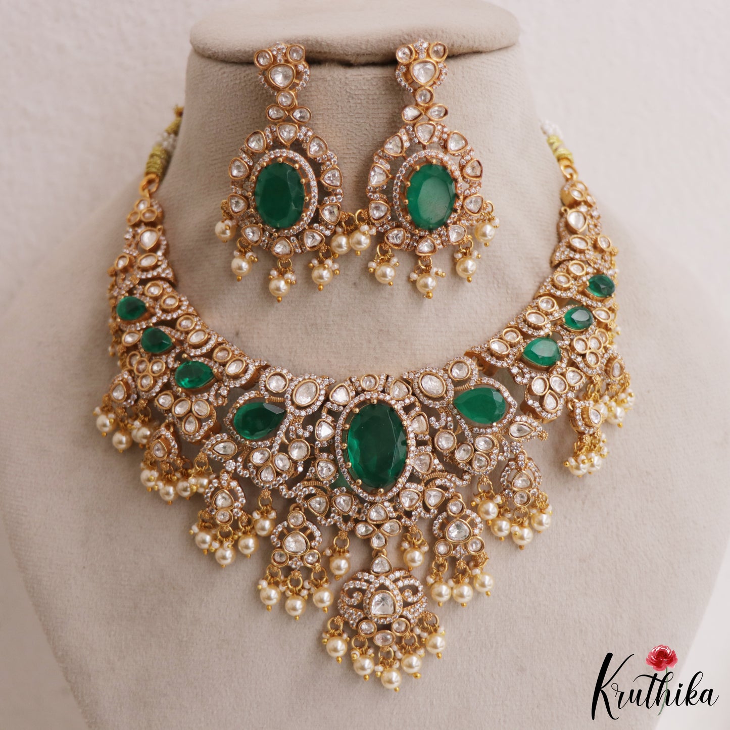Gorgeous Geometric Motifs Victorian Moissanite Choker With Pearl Drops NC2964 (Available In 2 Colors)
