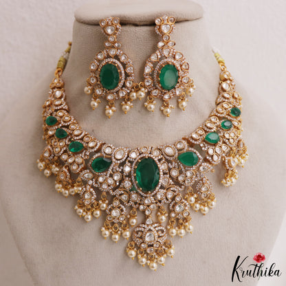 Gorgeous Geometric Motifs Victorian Moissanite Choker With Pearl Drops NC2964 (Available In 2 Colors)