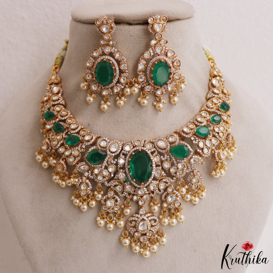 Gorgeous Geometric Motifs Victorian Moissanite Choker With Pearl Drops NC2964 (Available In 2 Colors)