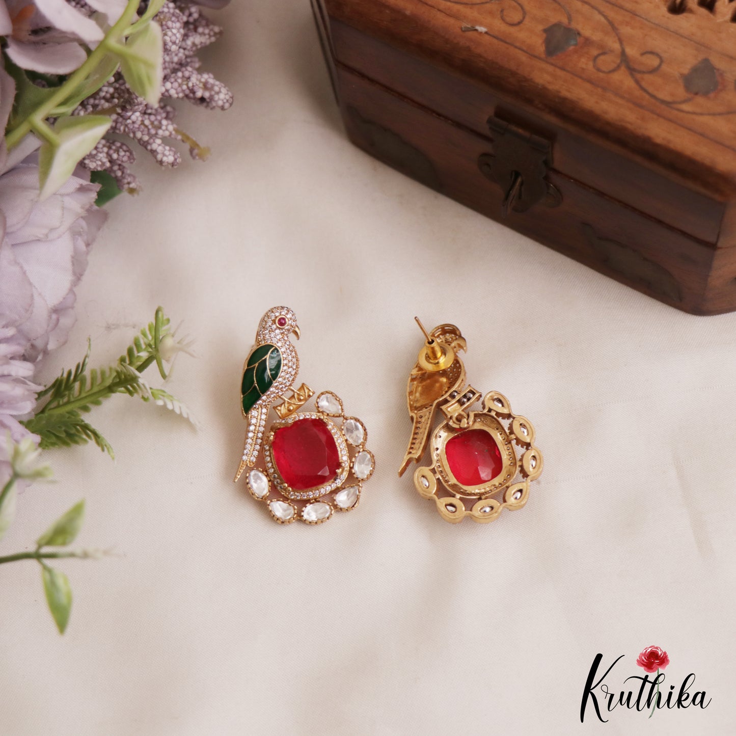 Gorgeous Parrot Motif Polki Victorian Stud Earrings E1099 (Available In 5 Colors)