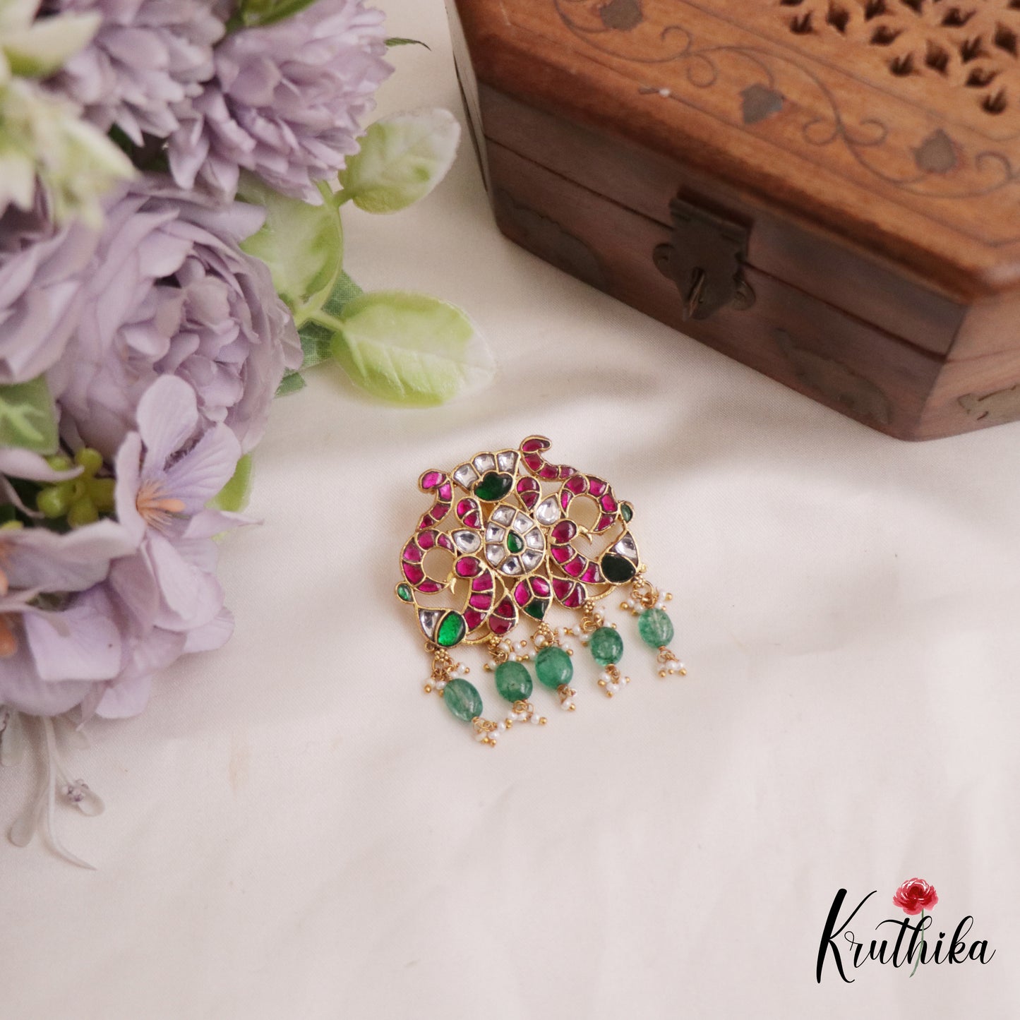 Classic Peacock Motifs Jadau Pendant With Green Bead Drops PS263