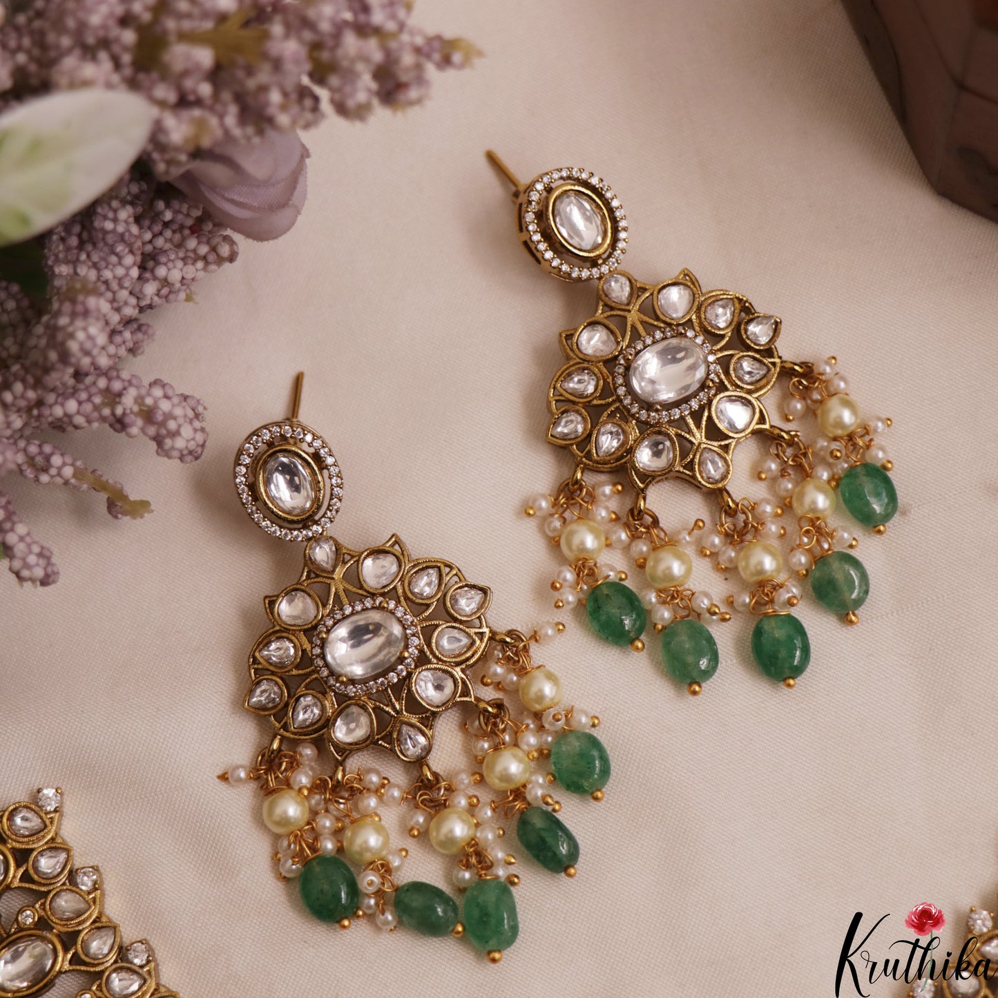 Premium Geometric Teardrop Motifs Jadau Choker With Green Bead Drops NC3011 (Available In 3 Colors)