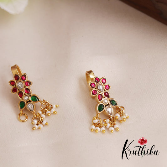 Elegant Jadau Floral Earcuffs | Upper Earrings | Bugadi Earrings With Pearl Drops E827