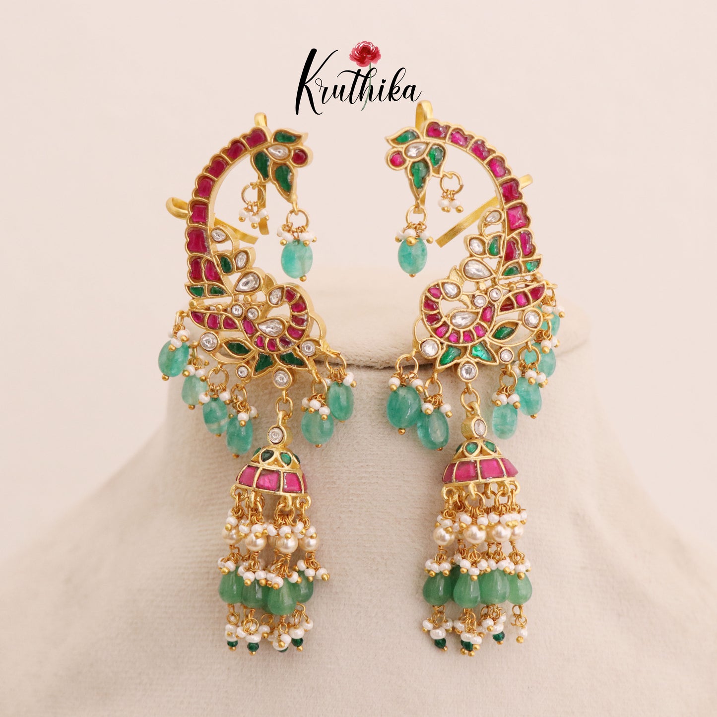 Grand Jadau Peacock Earcuffs Jhumkas with Pastel Green Beads E445