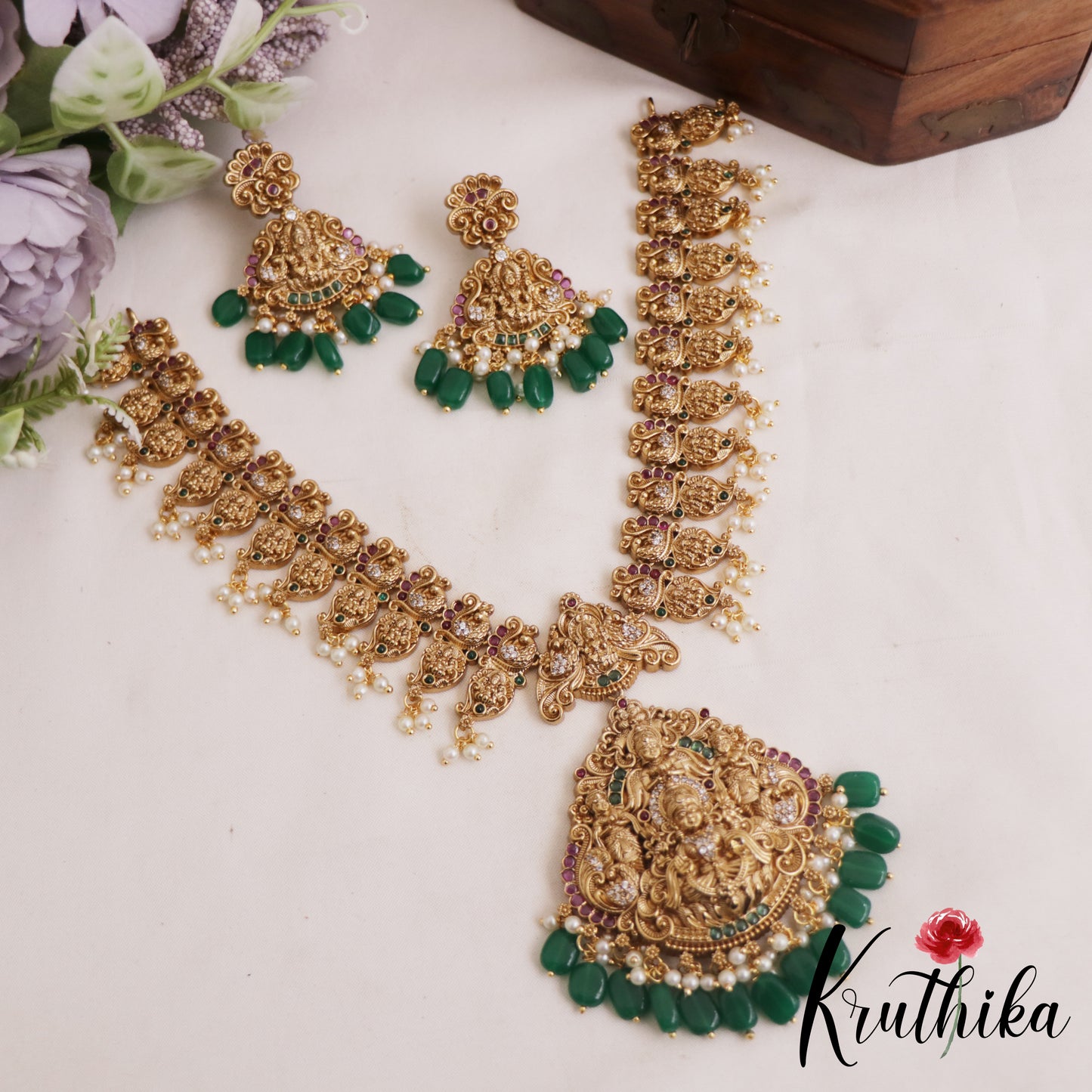 Gorgeous Antique Nagas Lakshmi Mango Motifs Temple Necklace With Green Bead Drops NC2891