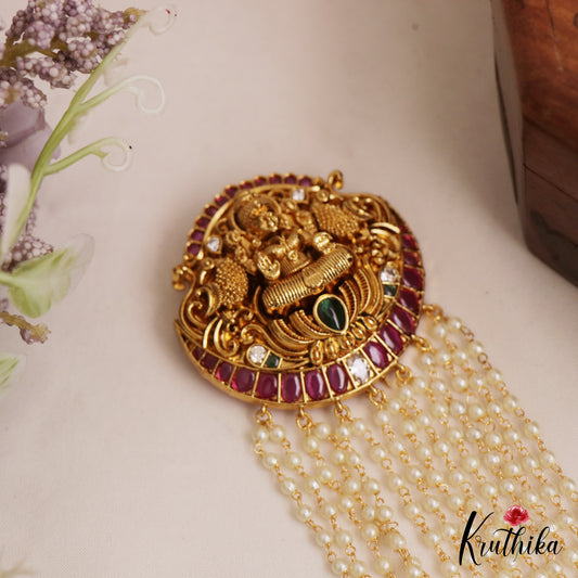 Classic Antique Lakshmi Motifs Multi Pearl Strand Kemp Jada Billa With Bead Drops J384 (Available In 2 Colors)