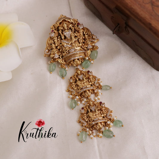 Grand CZ Antique Temple Lakshmi Jada Billa with Pastel Green Bead Drops J163