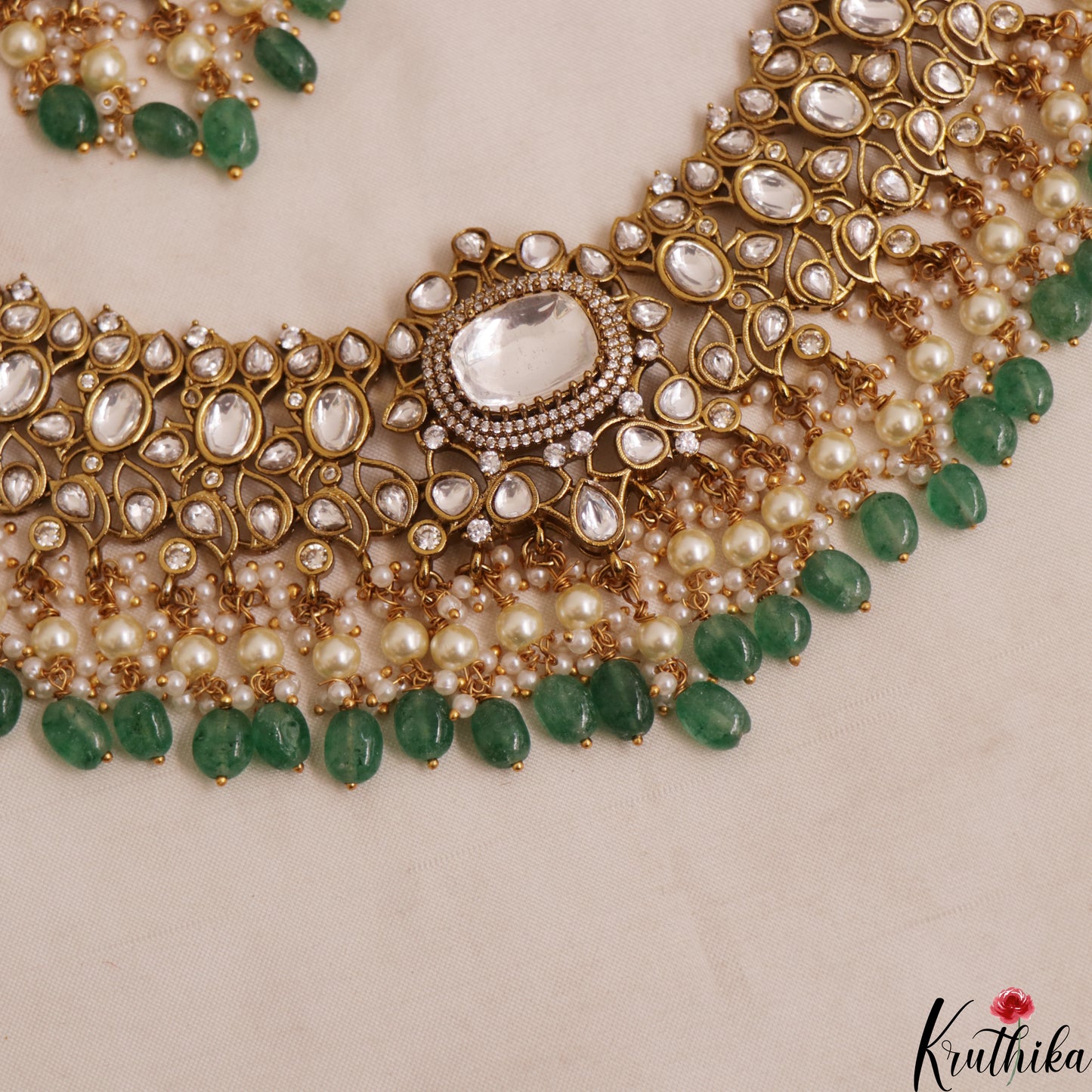 Premium Geometric Teardrop Motifs Jadau Choker With Green Bead Drops NC3011 (Available In 3 Colors)