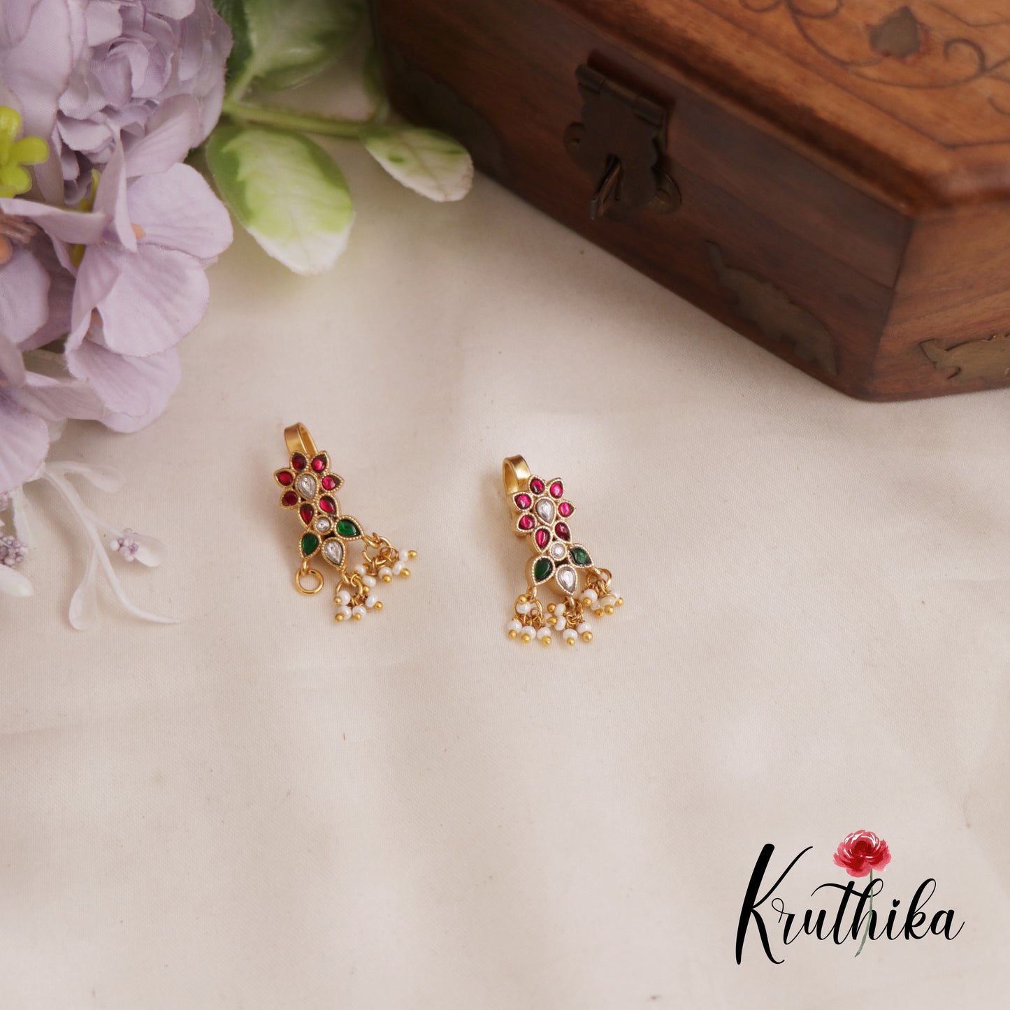 Elegant Jadau Floral Earcuffs | Upper Earrings | Bugadi Earrings With Pearl Drops E827