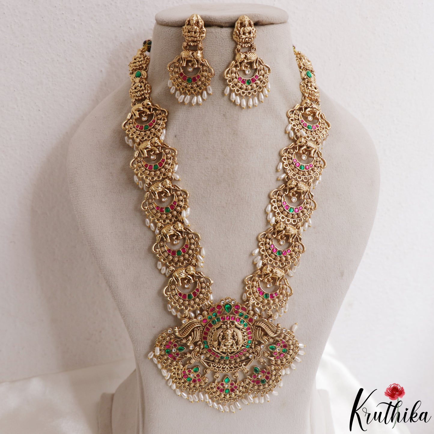 Classic Antique Nagas Lakshmi Elephant Jadau Haaram With Rice Pearl Drops LH2166