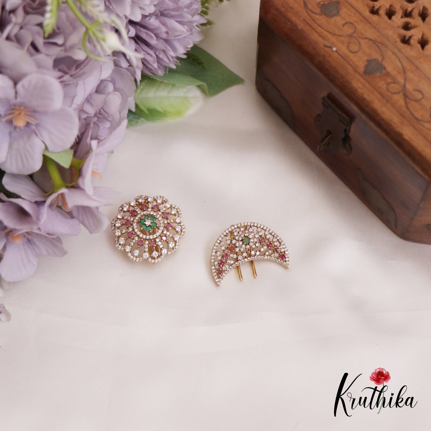 Elegant AD Floral Chandra Surya Hair Ornaments J335