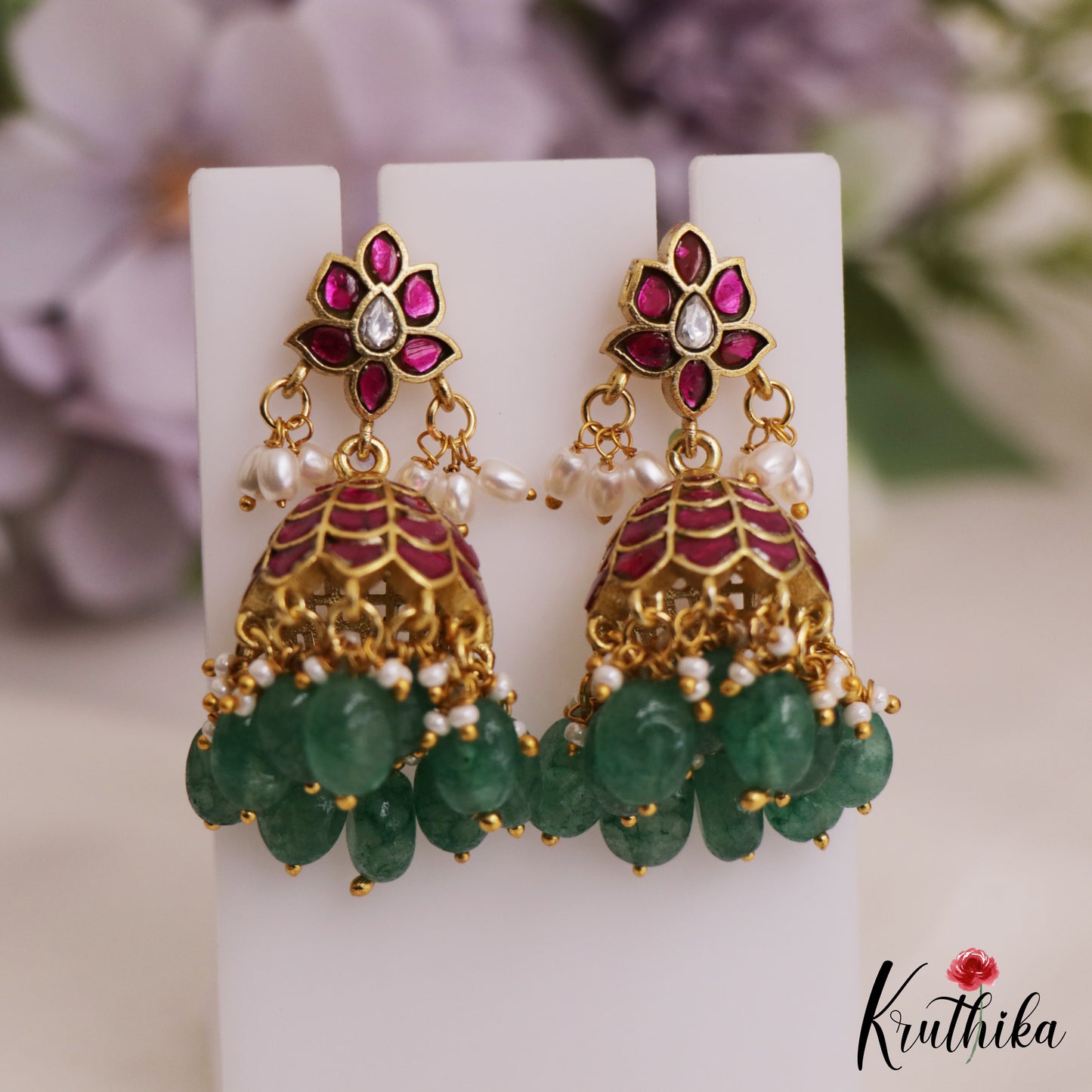 Gorgeous Lotus Motifs Jadau Jhumka With Green Bead Drops E1015