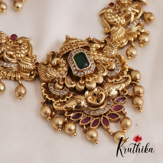 Stunning Peacock Motifs Antique Necklace With Golden Bead Drops NC2591