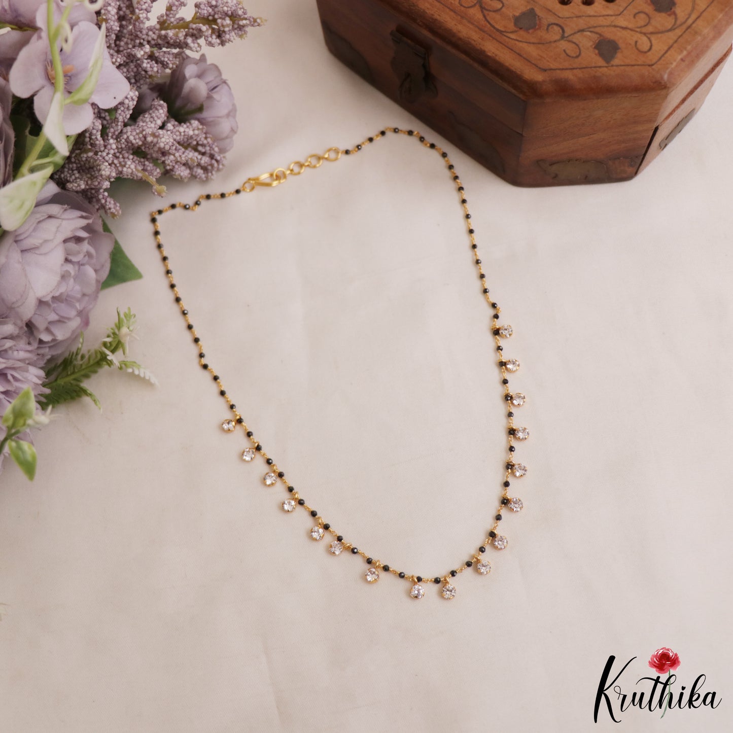 Simple Black Beaded Gold-Tone Chain With AD Stones NC2981