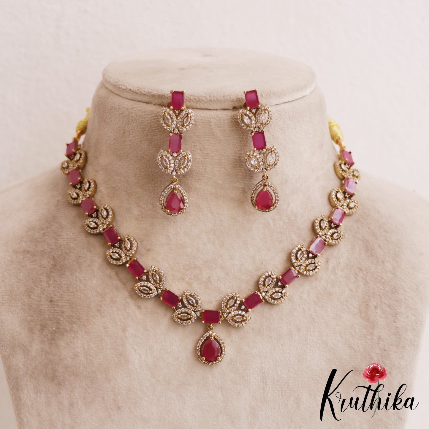 Sparkling Square Leaf Motifs AD Victorian Necklace NC2839 (Available In 3 Color)
