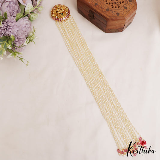 Classic Antique Lakshmi Motifs Multi Pearl Strand Kemp Jada Billa With Bead Drops J384 (Available In 2 Colors)