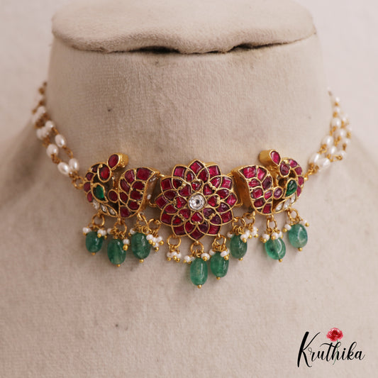 Gorgeous Peacock Floral Motifs Jadau Choker With Triple Strand Pearl Chain NC2582