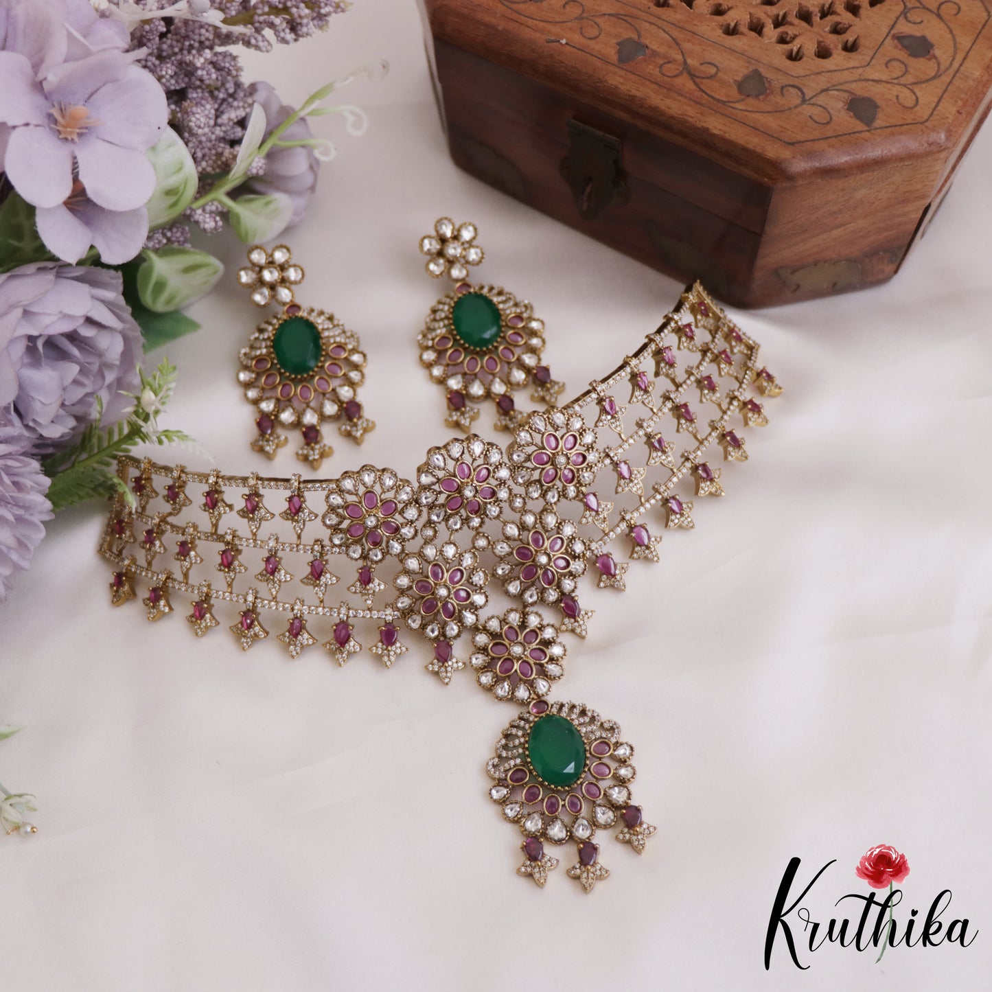 Sparkling Floral Motifs AD Choker NC2708 (Available In 2 Colors)
