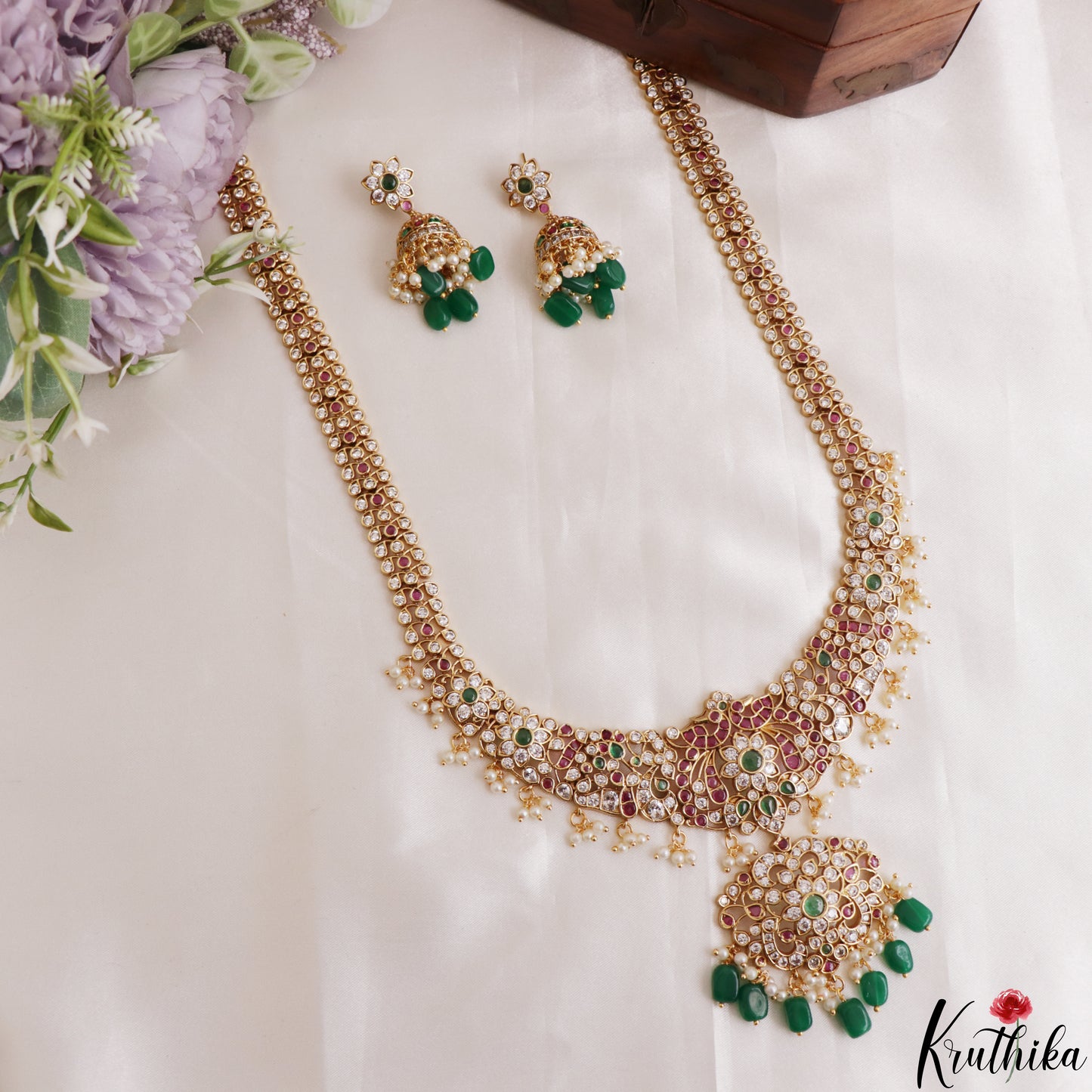 Gorgeous Floral Peacock Motifs Gold-Tone CZ Haaram With Green Bead Drops LH2187