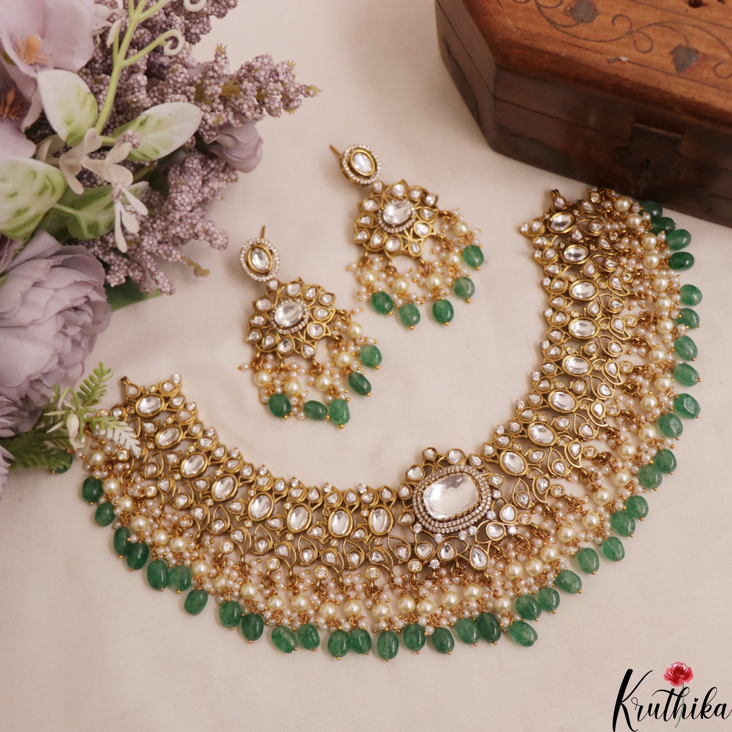 Premium Geometric Teardrop Motifs Jadau Choker With Green Bead Drops NC3011 (Available In 3 Colors)