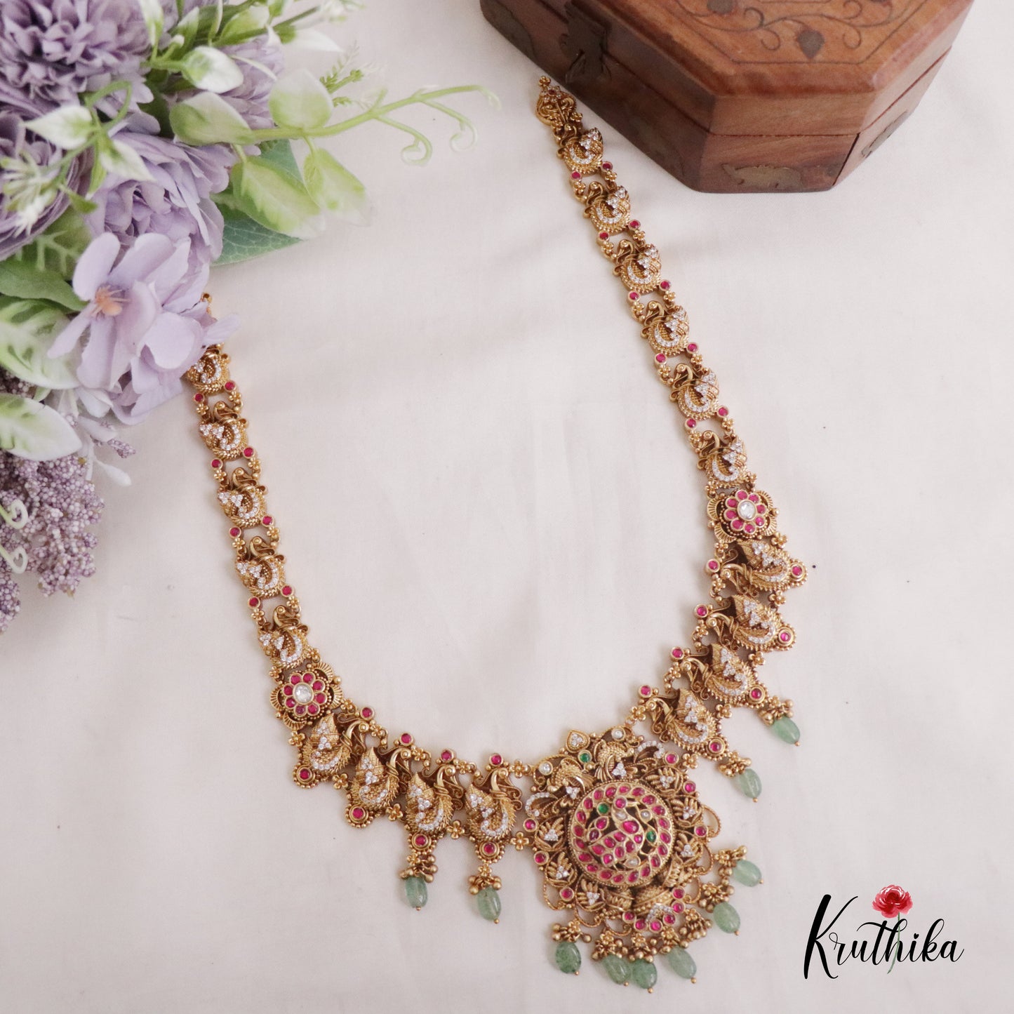 Grand Jadau Peacock Pendant Haram with Pastel Beads Drop LH1944