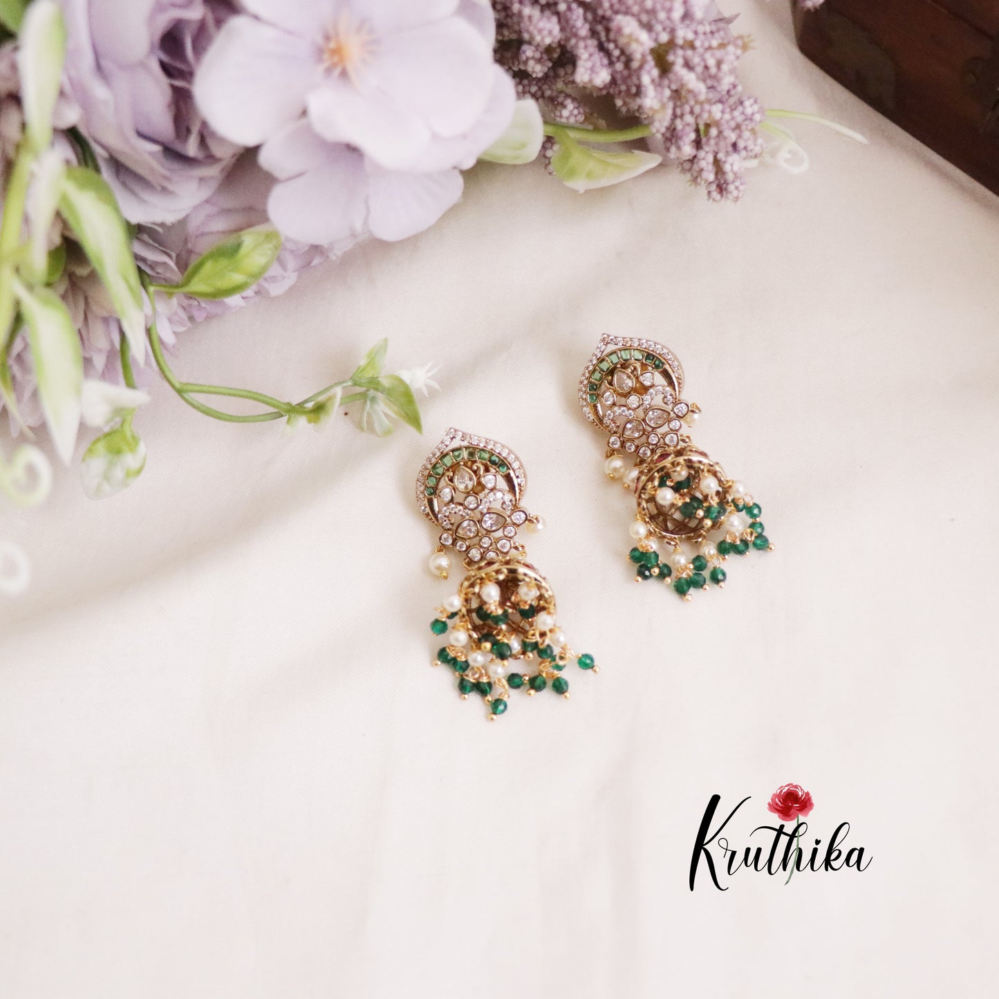 Beautiful Polki Style Kemp Stone Jhumkas with Emerald Drops E635
