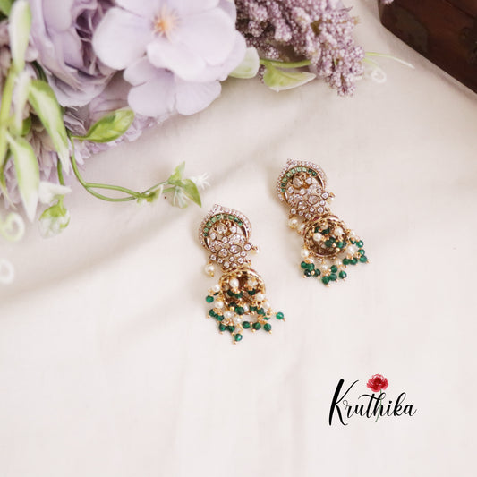 Beautiful Polki Style Kemp Stone Jhumkas with Emerald Drops E635