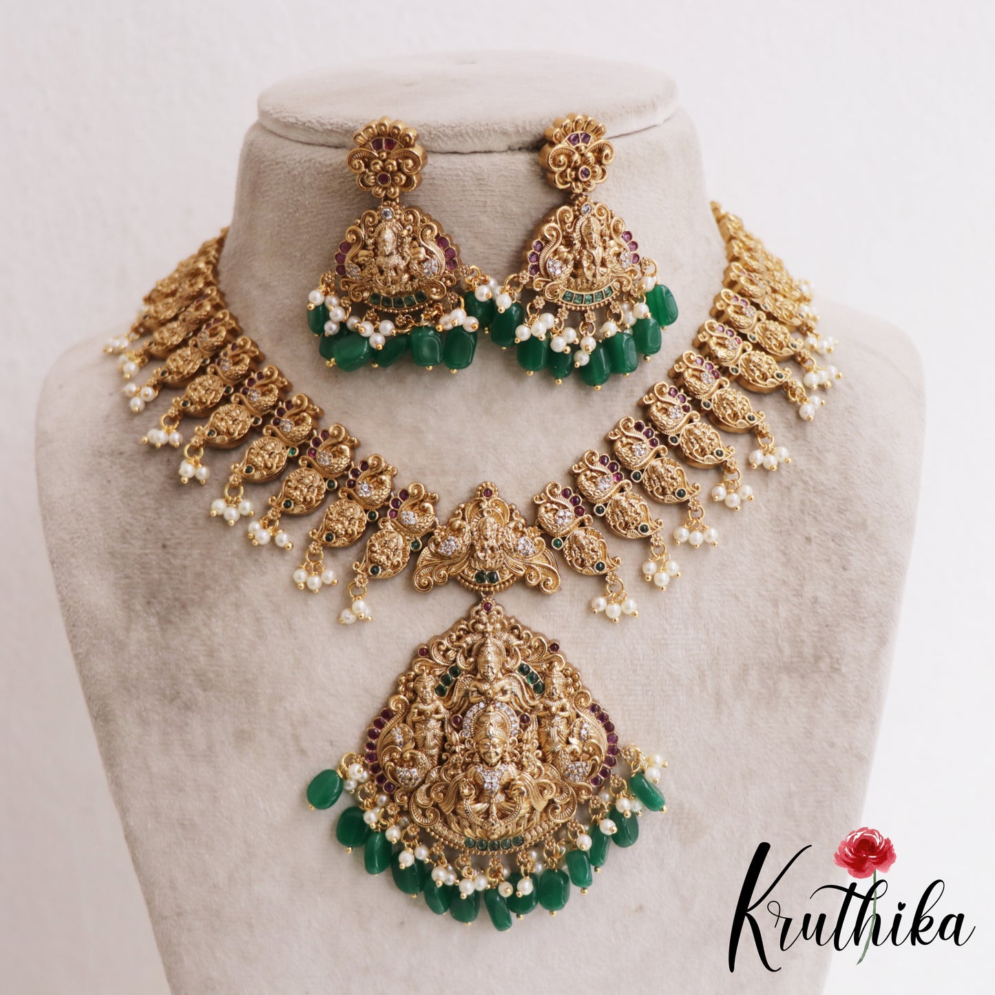Gorgeous Antique Nagas Lakshmi Mango Motifs Temple Necklace With Green Bead Drops NC2891