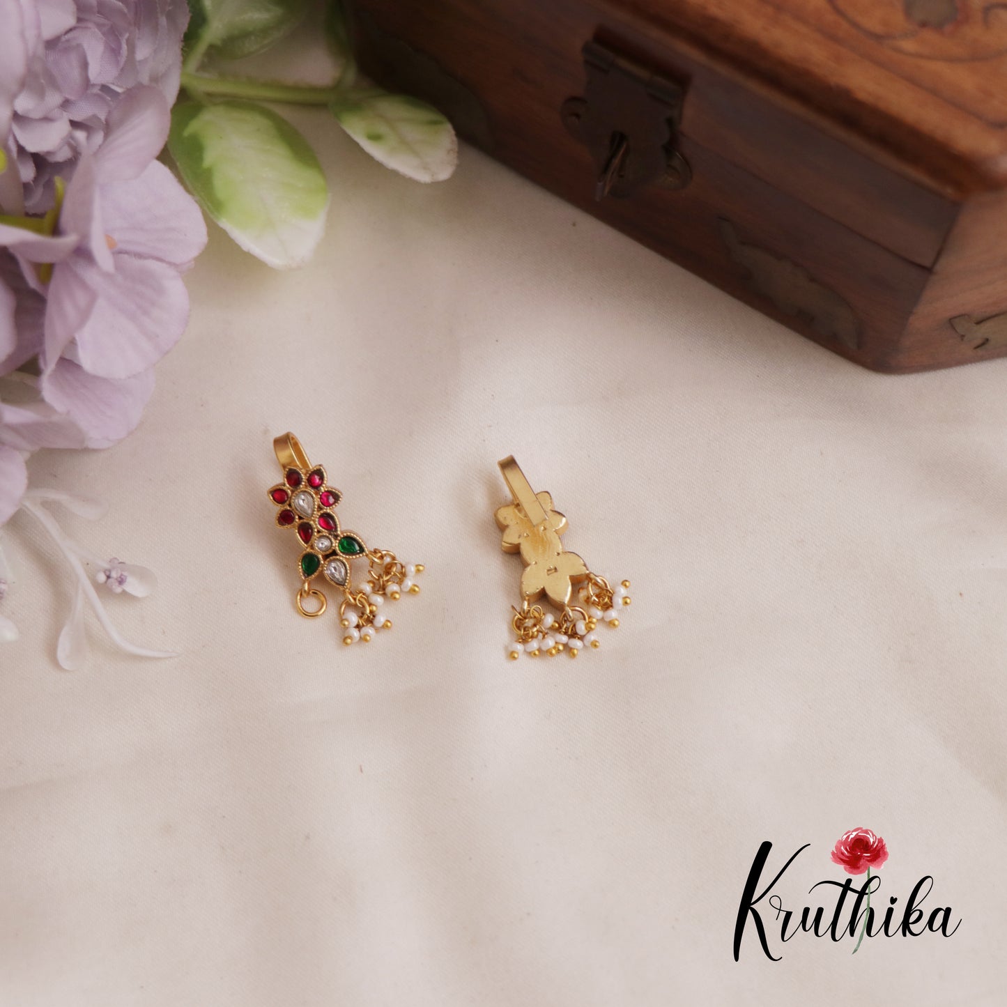 Elegant Jadau Floral Earcuffs | Upper Earrings | Bugadi Earrings With Pearl Drops E827