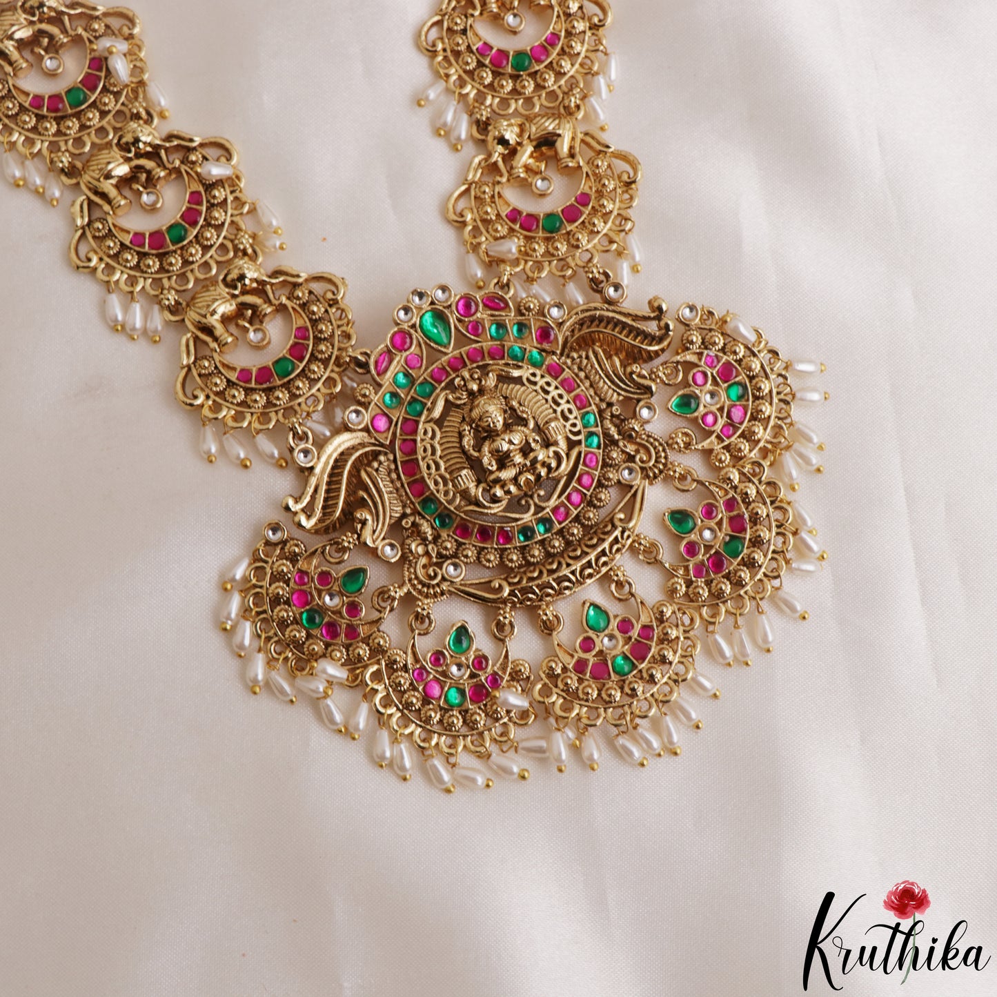 Classic Antique Nagas Lakshmi Elephant Jadau Haaram With Rice Pearl Drops LH2166