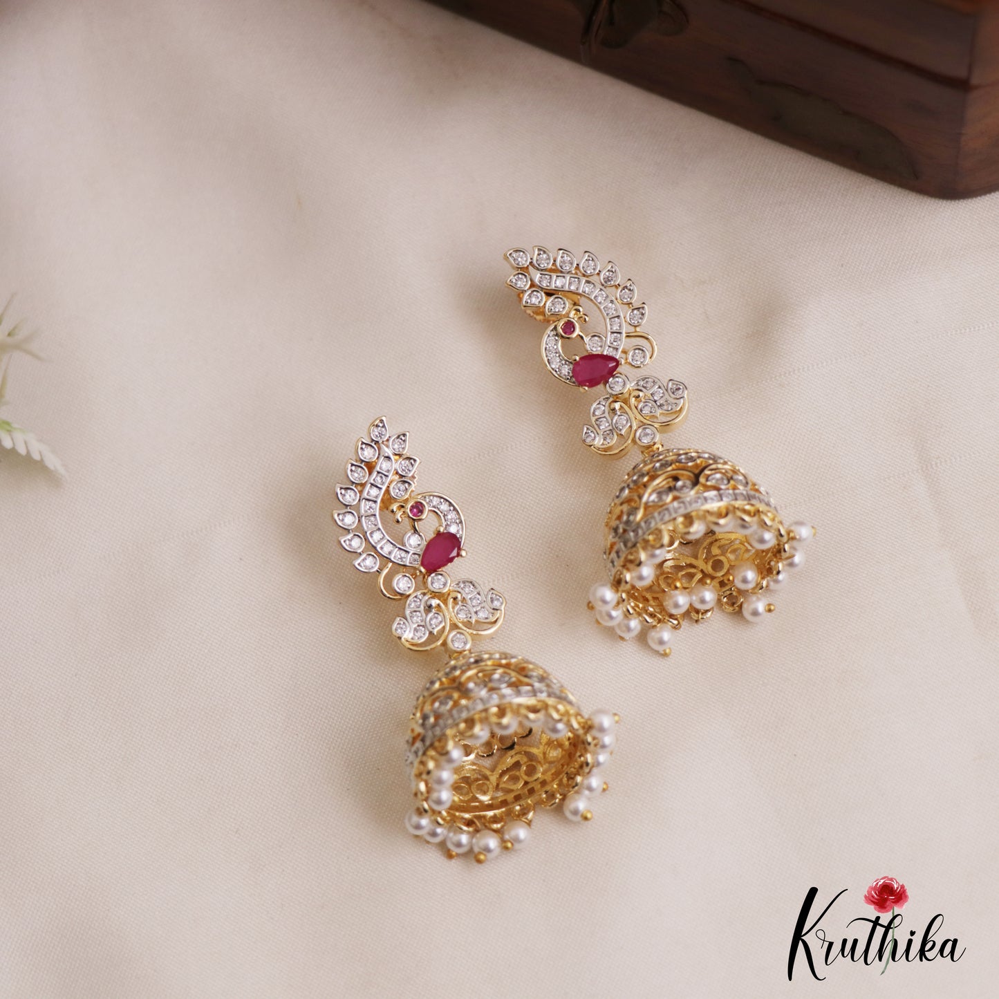 Sparkling Peacock Motifs AD Jhumkas With Pearl Drops E1095 (Available In 3 Colors)