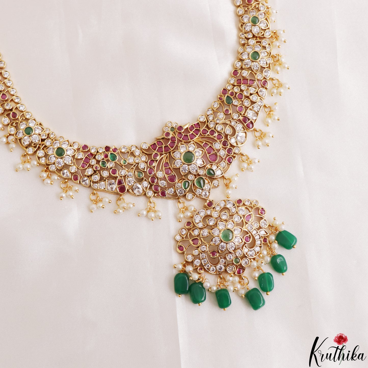Gorgeous Floral Peacock Motifs Gold-Tone CZ Haaram With Green Bead Drops LH2187