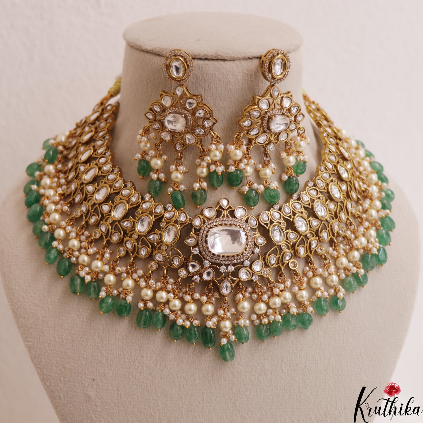 Premium Geometric Teardrop Motifs Jadau Choker With Green Bead Drops NC3011 (Available In 3 Colors)