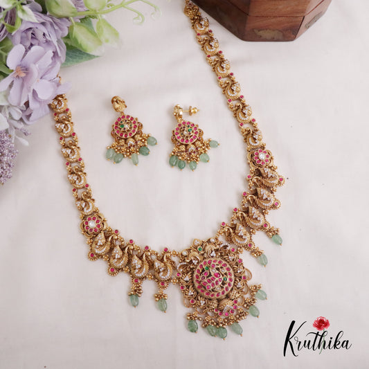 Grand Jadau Peacock Pendant Haram with Pastel Beads Drop LH1944