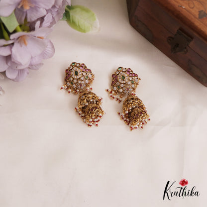 Beautiful AD Peacock Teardrop Motifs Jhumka With Bead Drops E994 (Available In 2 Colors)