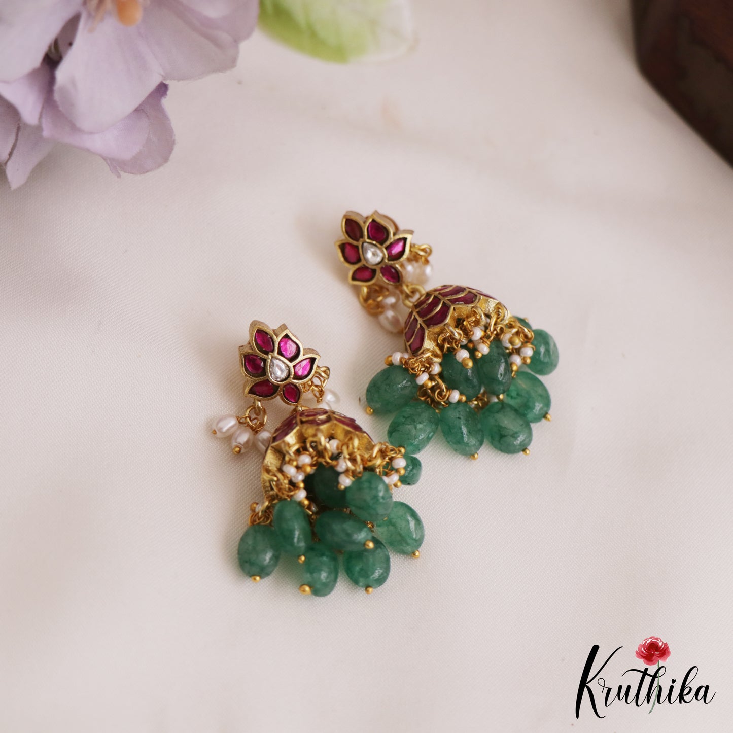 Gorgeous Lotus Motifs Jadau Jhumka With Green Bead Drops E1015