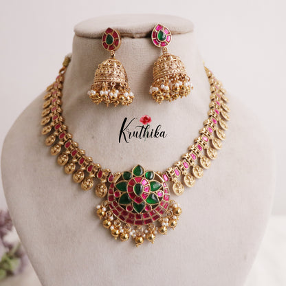 Premium Antique Lotus Jadau Pendant Kasu Necklace with Golden Beads NC2203 (Available in 2 Colours)