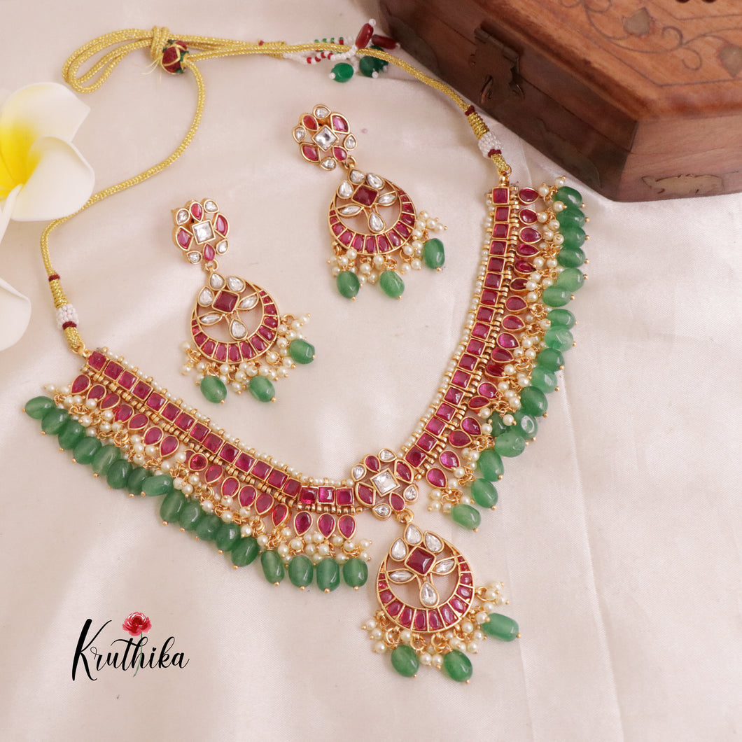Elegant Jadau Necklace with Pastel Green Beads NC1904