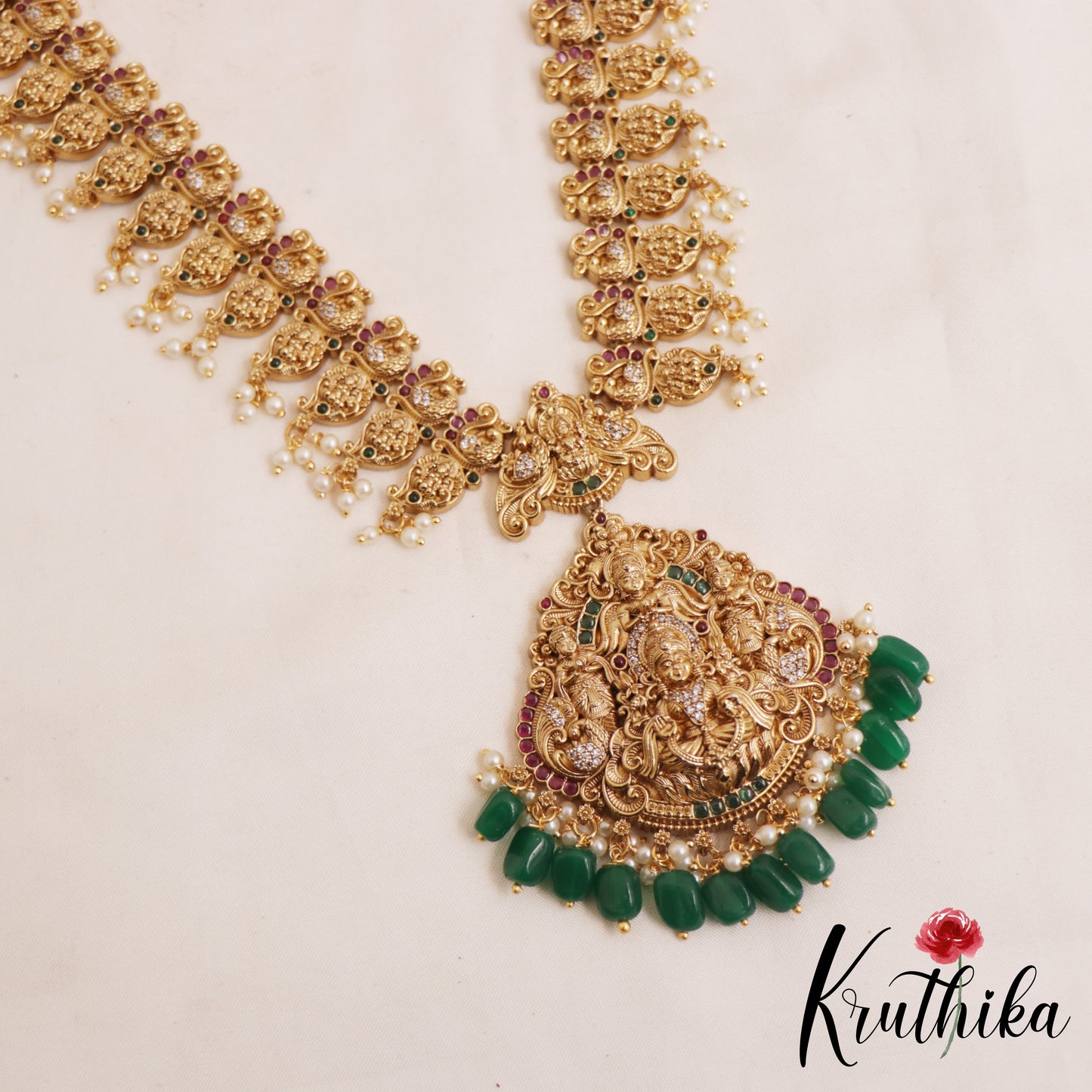 Gorgeous Antique Nagas Lakshmi Mango Motifs Temple Haaram With Green Bead DropsLH2094