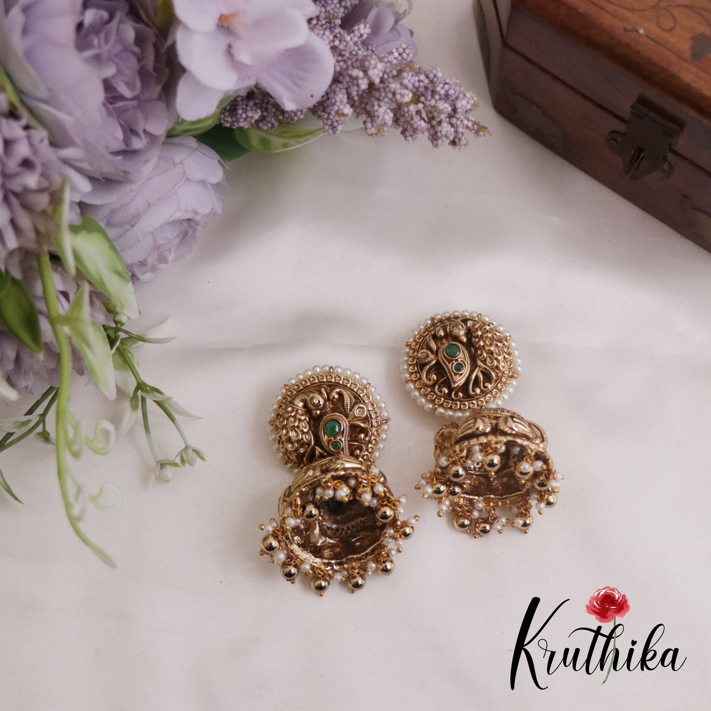 Premium Peacock Jhumkas with Golden Beads Drops E676