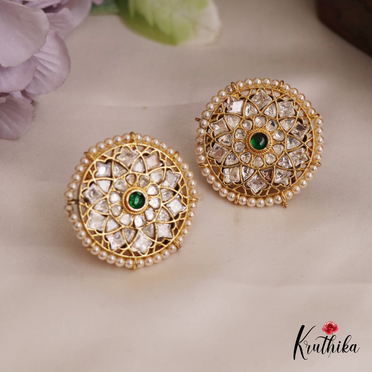 Classic Pearl Border Floral Motifs AD Stud Earrings E982