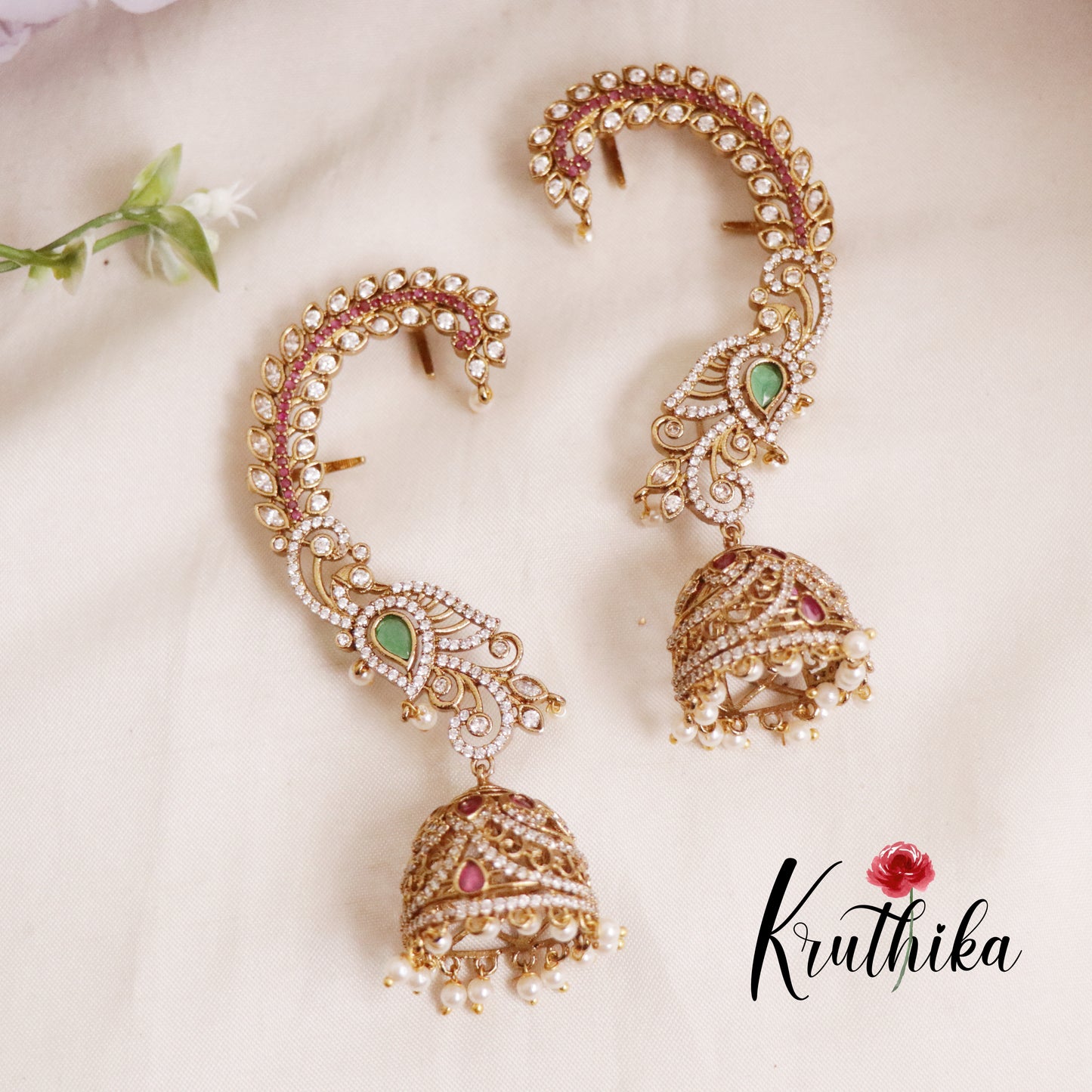 Grand CZ Sparkling Peacock Earcuff with Pearl Drop Jhumkas E617 (Available in 2 Colours)