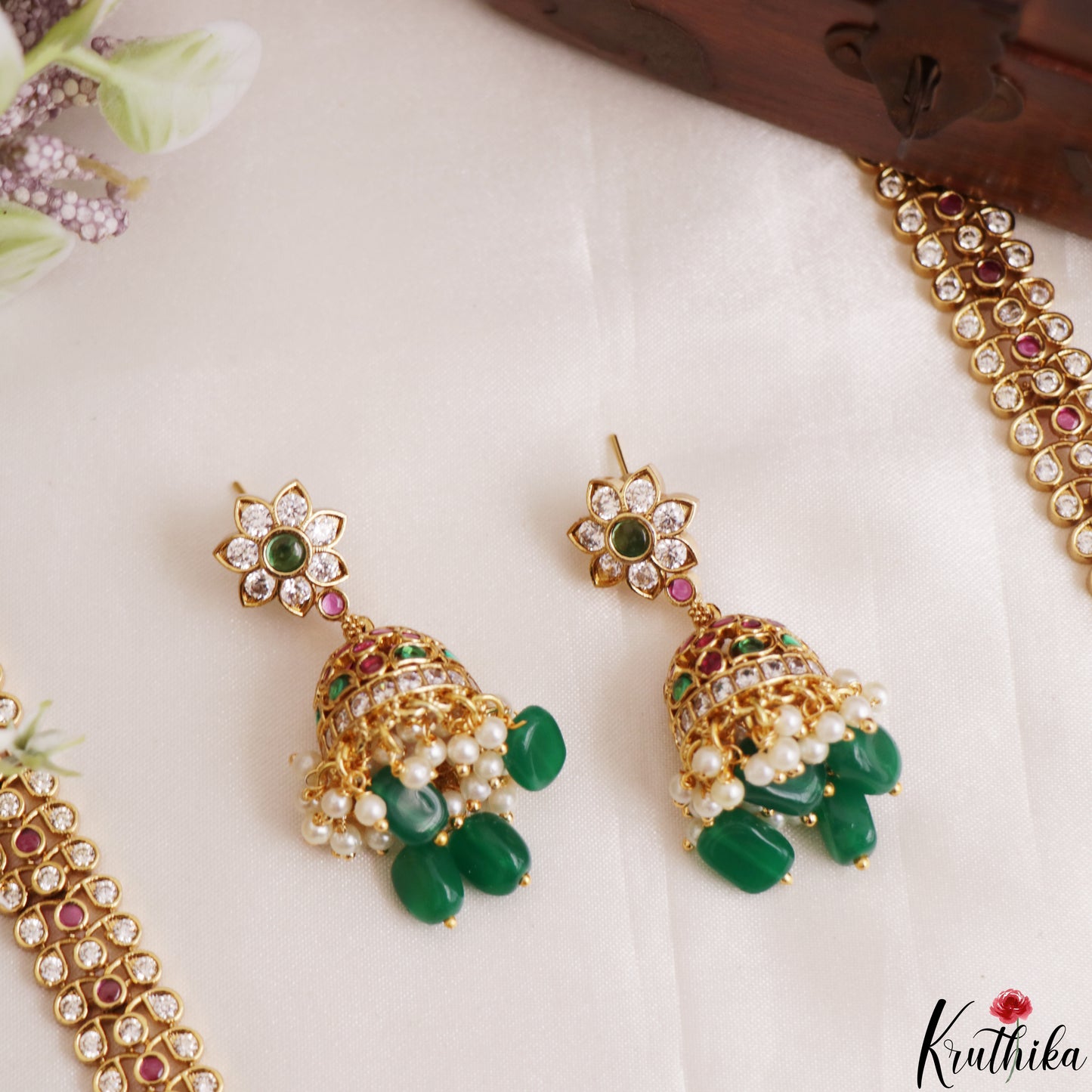 Gorgeous Floral Peacock Motifs Gold-Tone CZ Haaram With Green Bead Drops LH2187